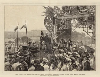 Der Prinz von Wales in Ceylon, die Prozession unter dem Lotus Pond Arch, Colombo